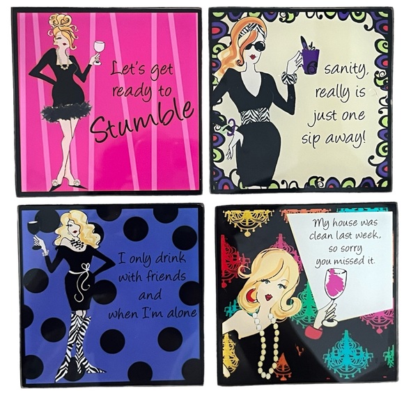 New Set of 4 Fashionista Cocktails Glass Coasters with Wooden Caddy! - Picture 3 of 4